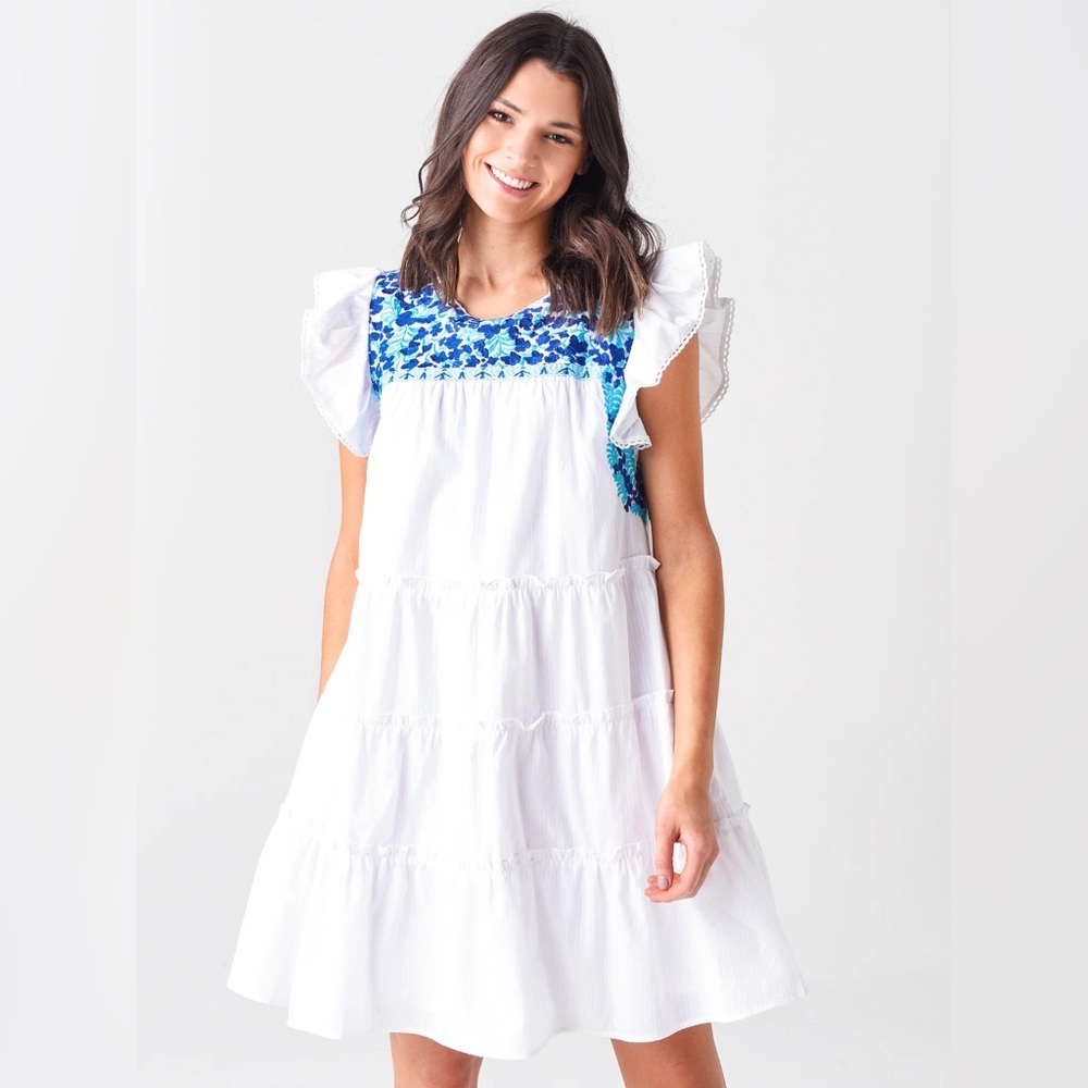 White Tiered Midi Dress with Blue Embroidered Yoke